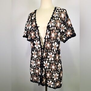 VTG White Stag Daisy Crochet Floral Open Cardigan Boho Mesh Large Cottagecore